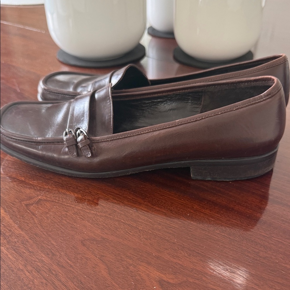 Via Spiga Brown Leather Bit-Trim Slip-On Loafers - Picture 3 of 7